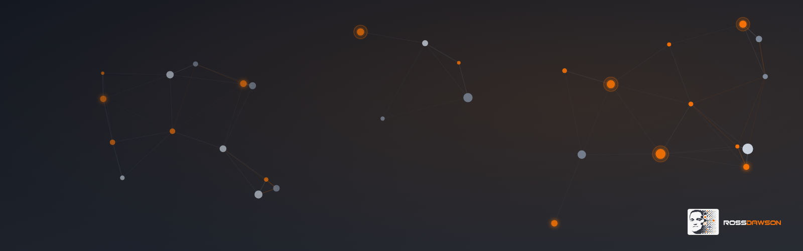 Abstract network of connected nodes representing AI in expert networks, in Ross Dawson brand colors
